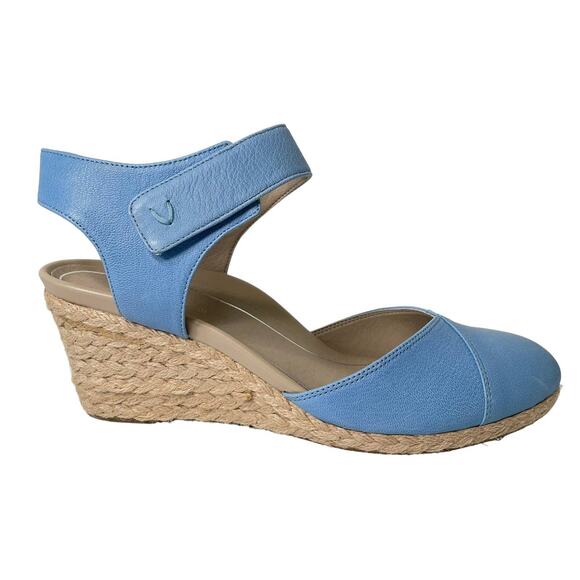 Vionic Aruba Light Blue Leather Loika Espadrille Wedge Sandal Coastal Beach 10 - Picture 1 of 7